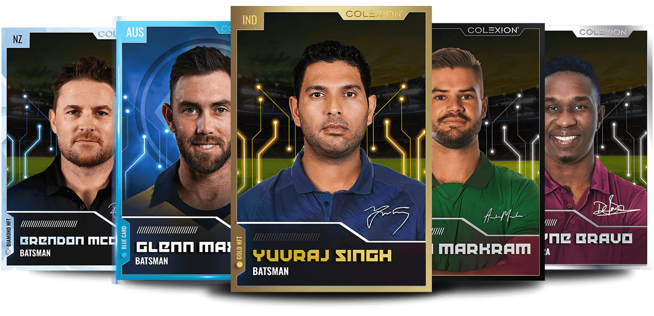Image containing the NFT Cards of Pat Cummins, Brendon McCullum, Yuvraj Singh, Aiden Markram, Dwayne Bravo